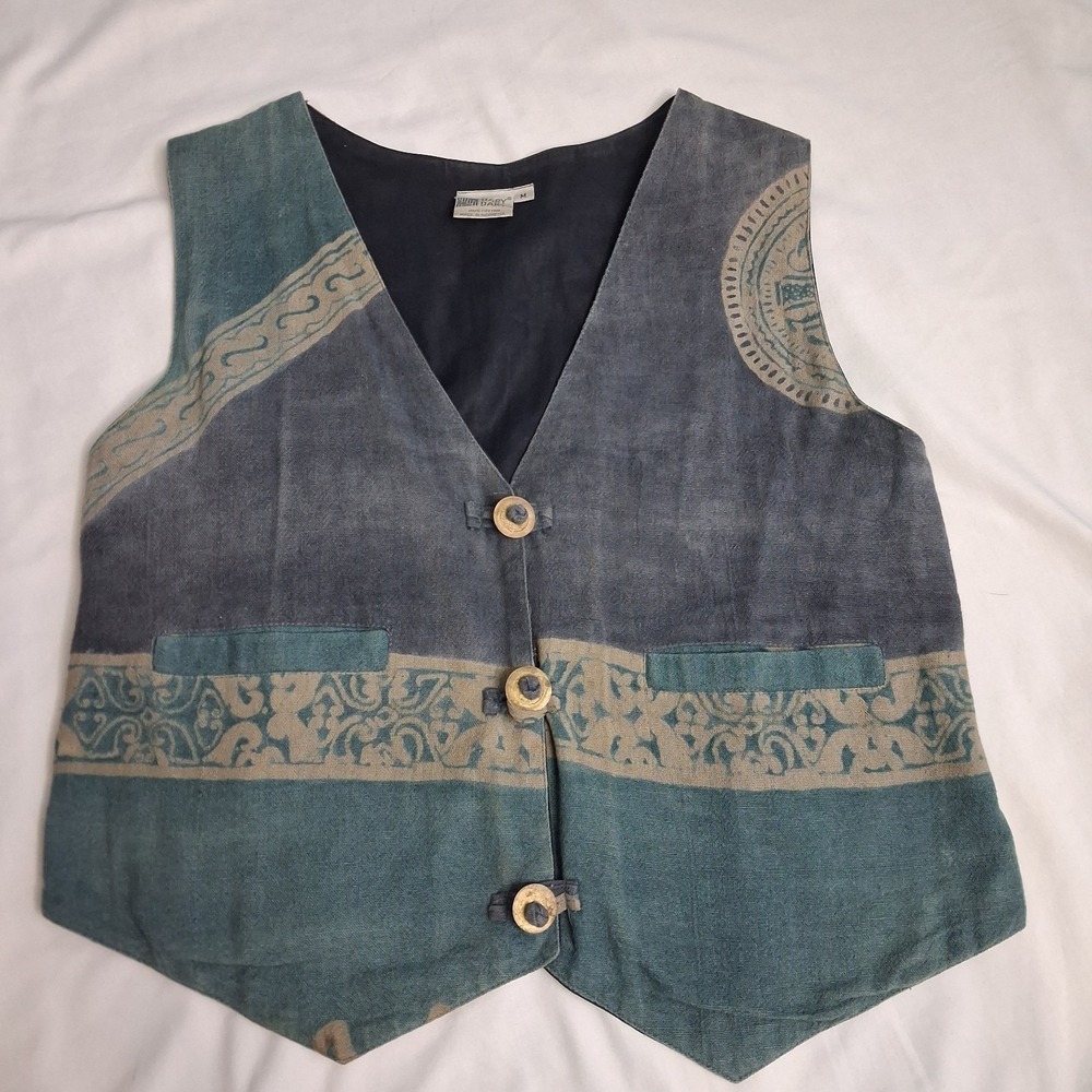 Hary Dary Womens Vest Sz M Blue Green Brown Boho Hippie Festival 100% Cotton